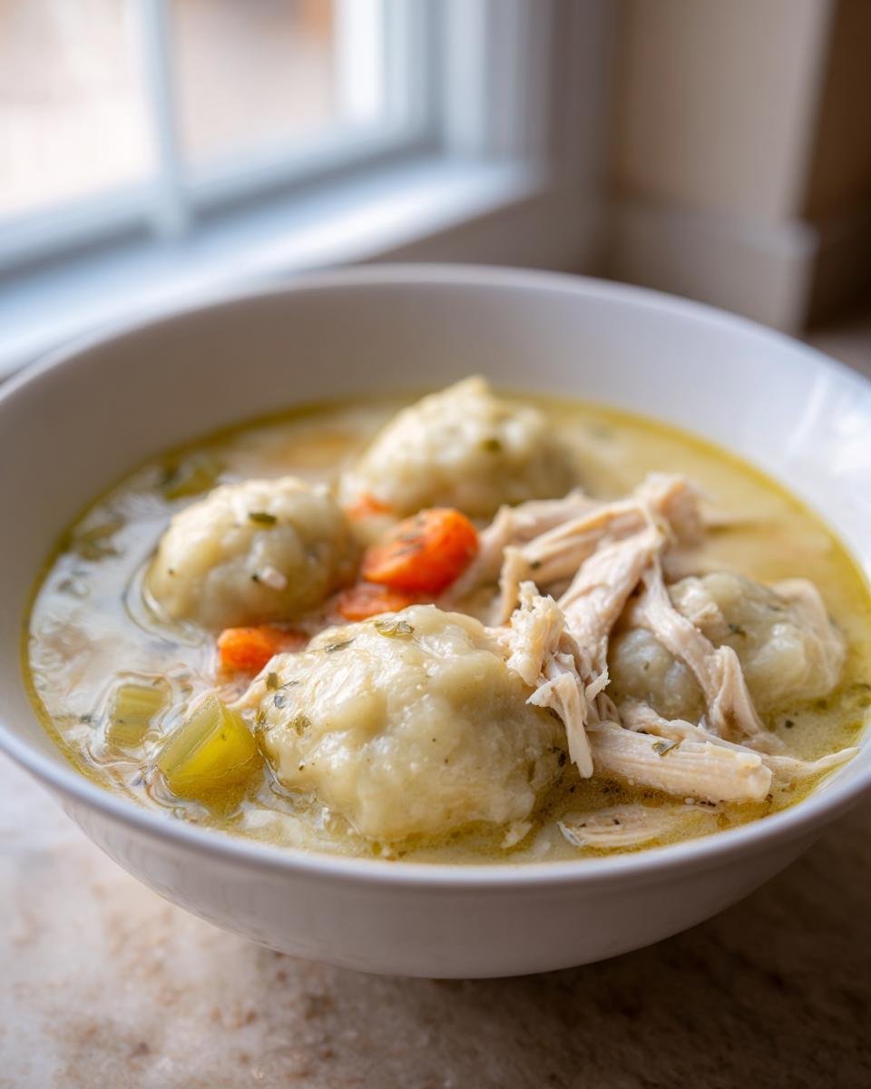 Close-up of a white bowl filled with creamy chicken and dumplings, featuring fluffy dumplings, shredded chicken, and carrots.