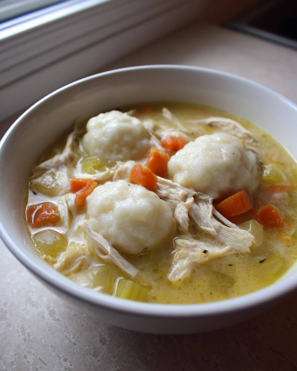 A close-up of a white bowl filled with creamy chicken and dumplings, featuring shredded chicken, carrots, and celery.