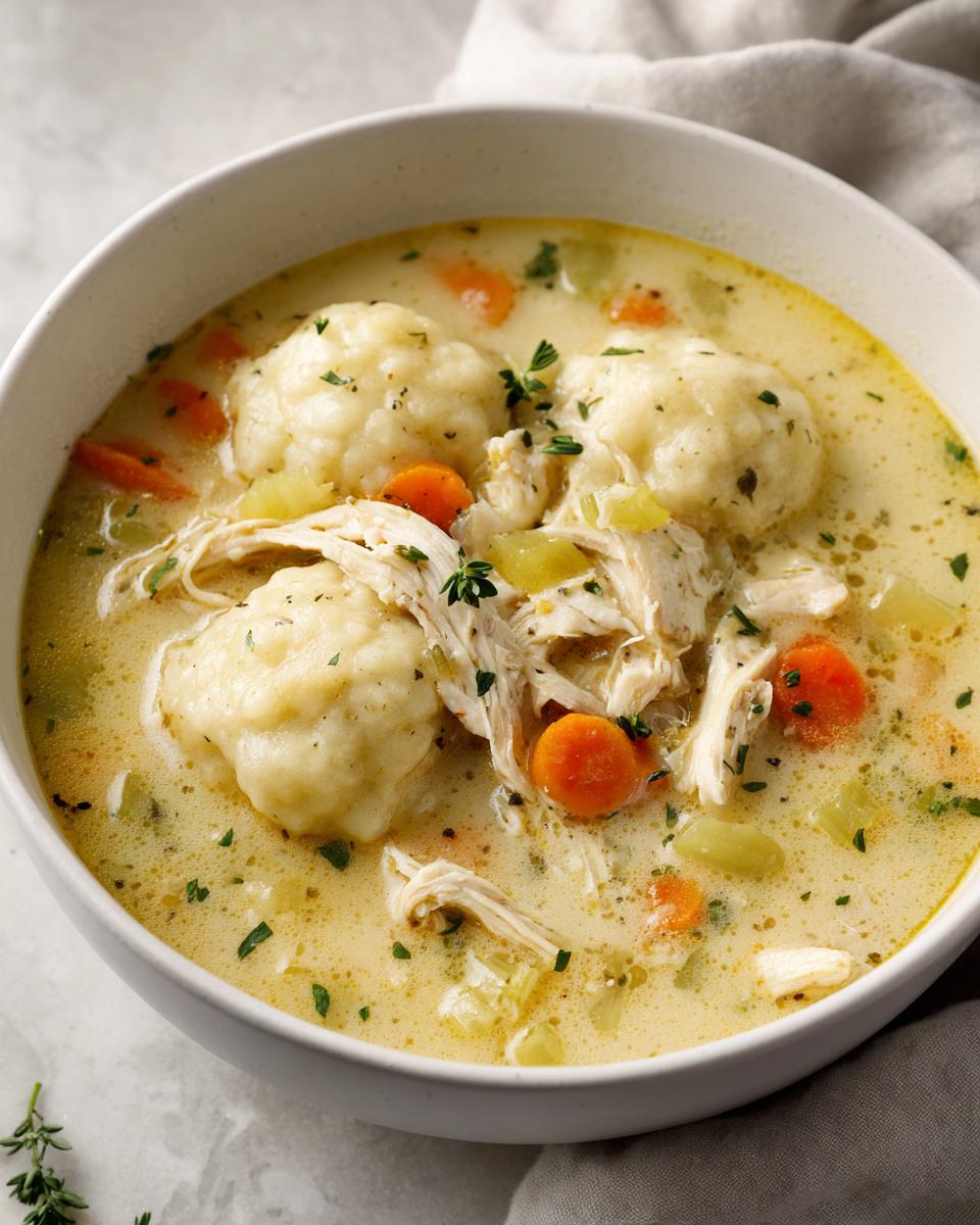 Close-up of a creamy bowl of chicken and dumplings featuring shredded chicken, soft dumplings, and sliced carrots.