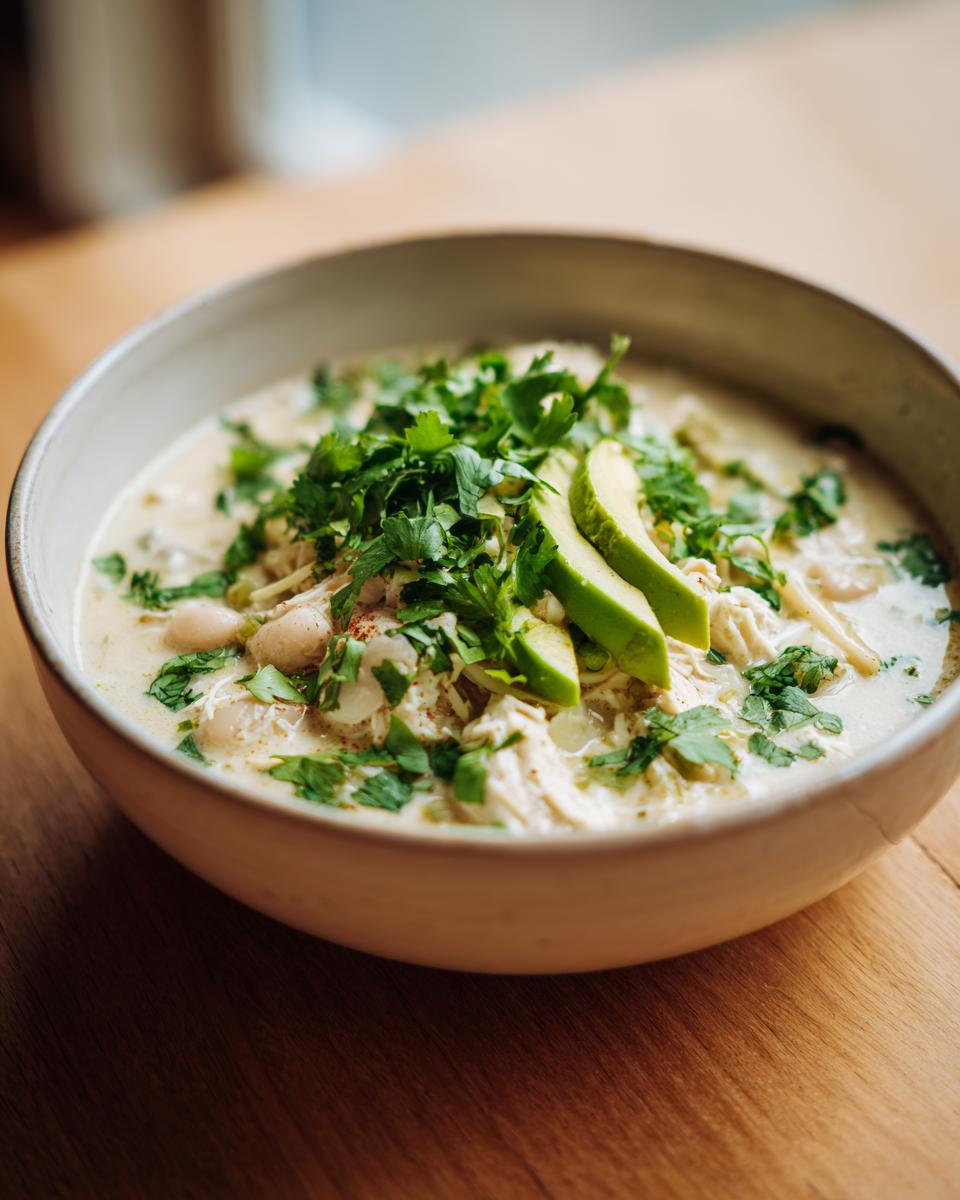 A bowl of creamy white chicken chili topped generously with fresh cilantro and sliced avocado.