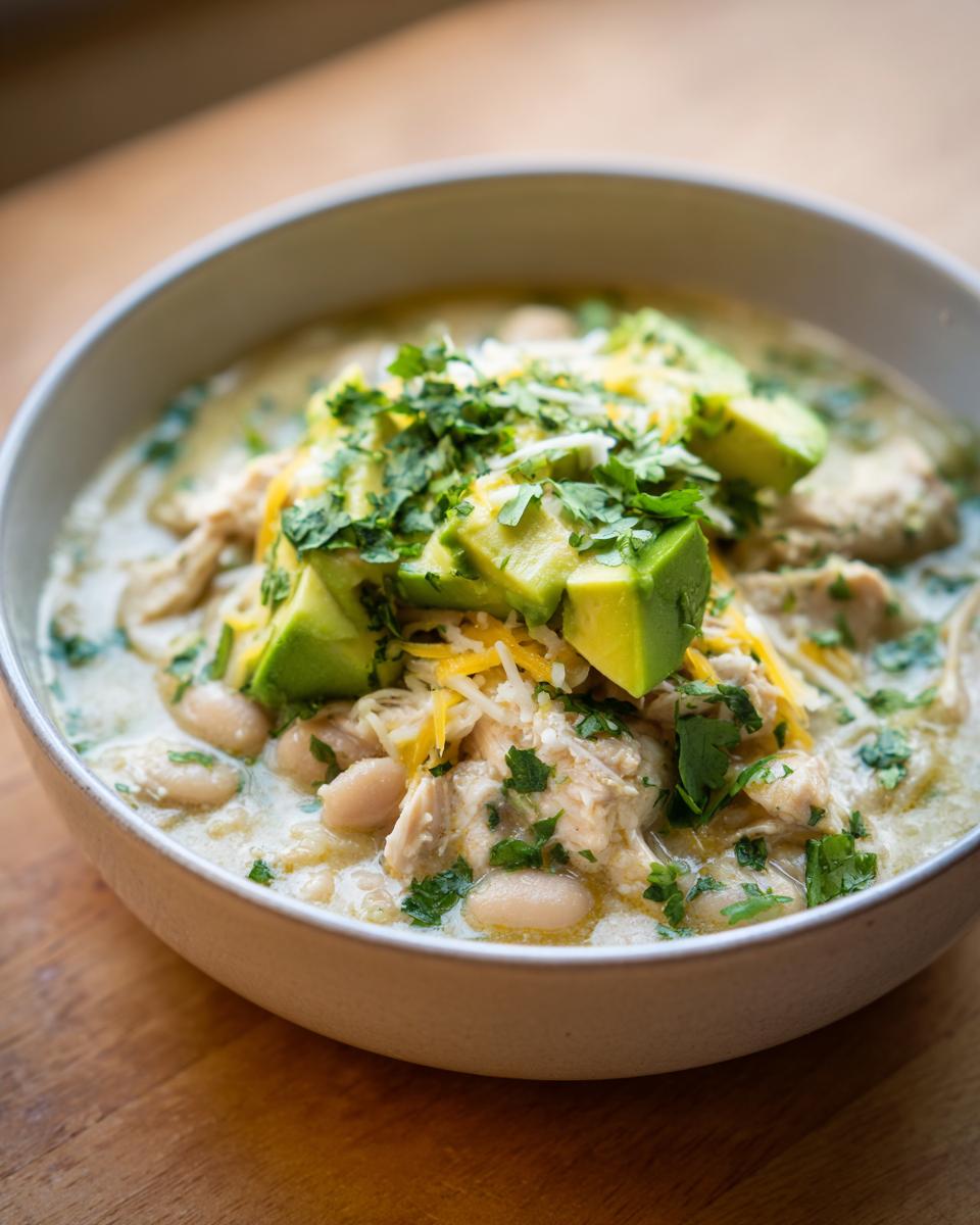 A close-up of a bowl of creamy white chicken chili topped with avocado chunks, shredded cheese, and cilantro.