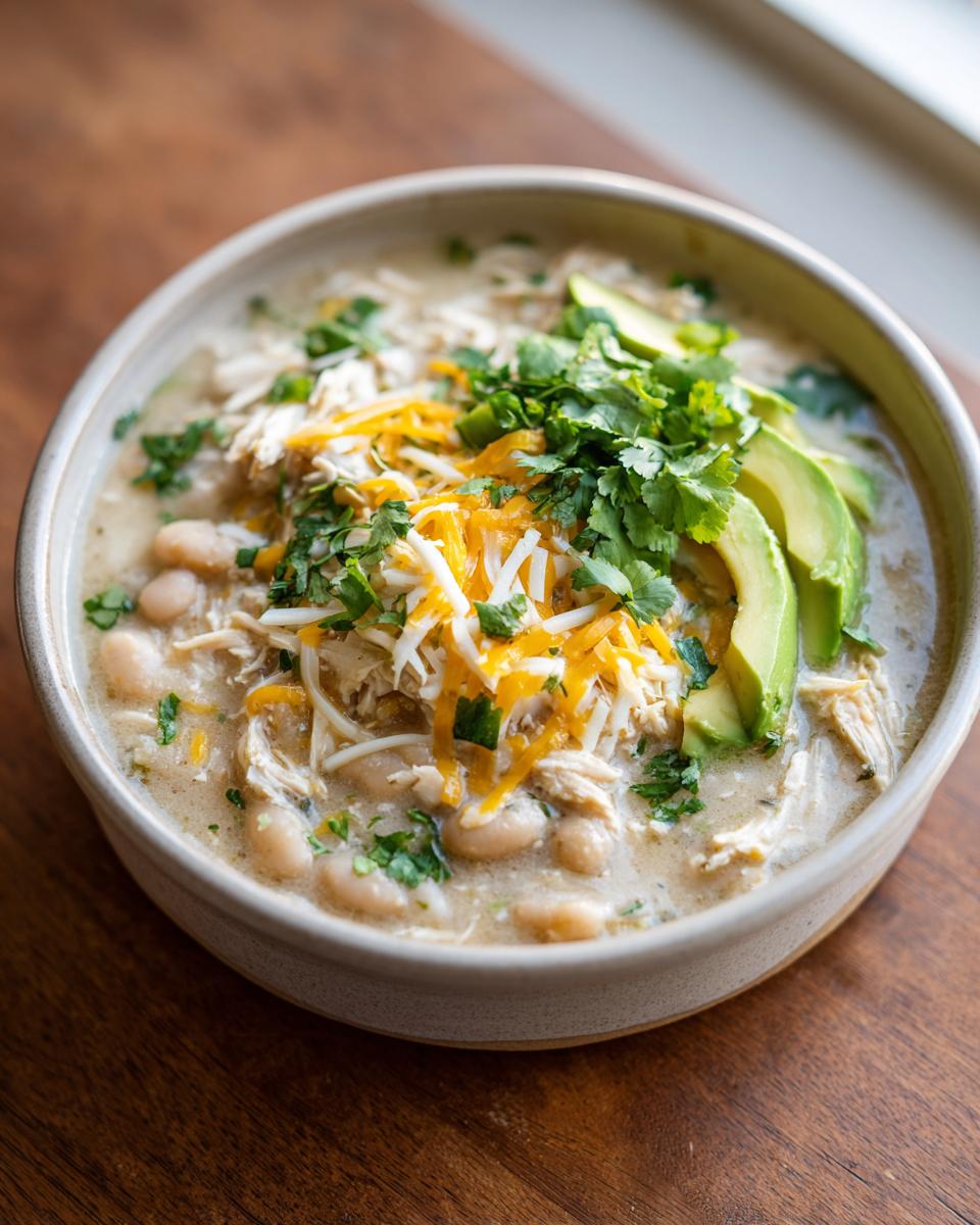 A close-up of a bowl of creamy white chicken chili topped with shredded cheese, cilantro, and avocado slices.