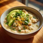A close-up of a bowl of creamy white chicken chili topped with shredded cheese, avocado slices, and fresh cilantro.