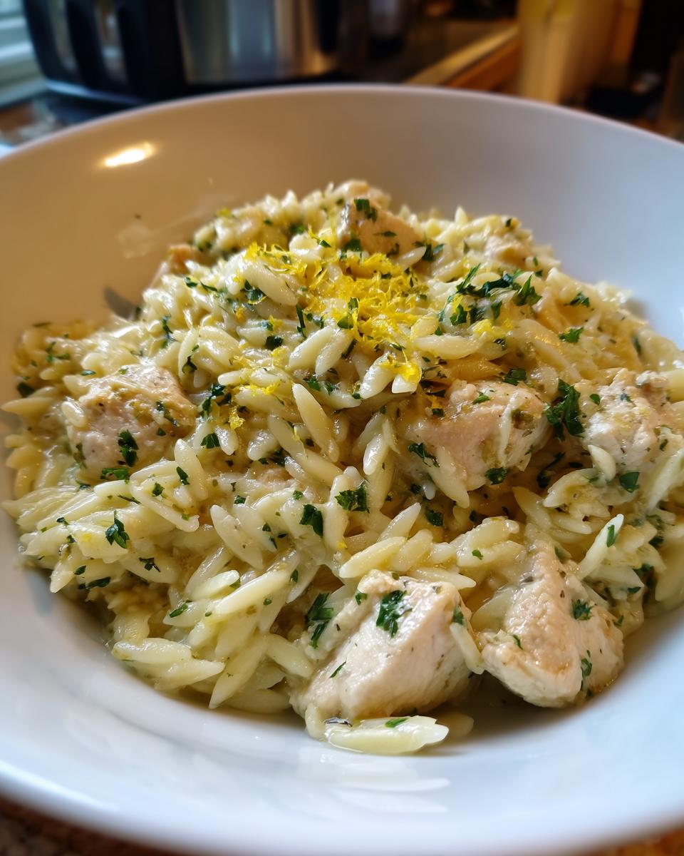 Close-up of creamy chicken and orzo pasta topped with fresh parsley and lemon zest.