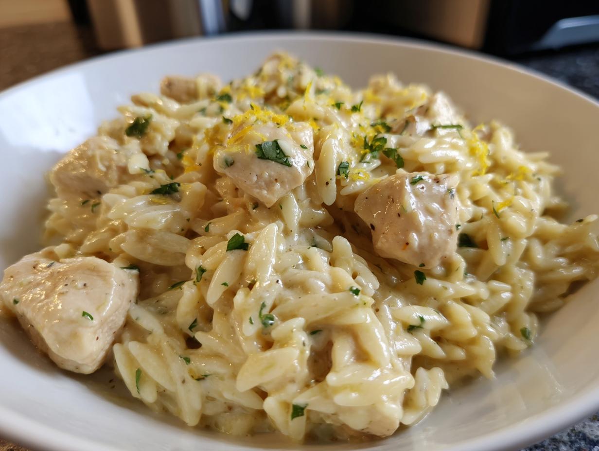 Close-up of creamy chicken orzo pasta topped with parsley and lemon zest.