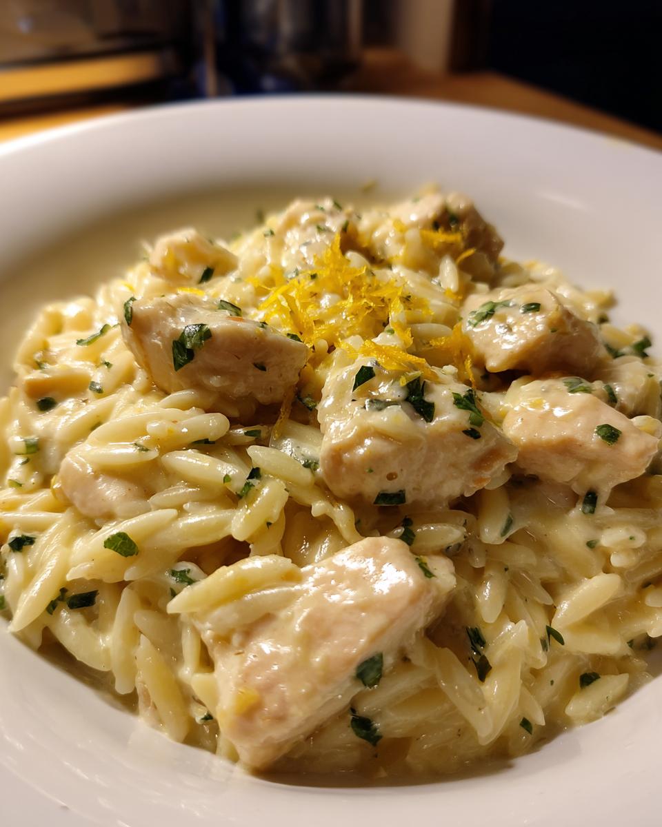 Close-up of creamy chicken pieces mixed with orzo pasta, garnished with lemon zest and parsley.
