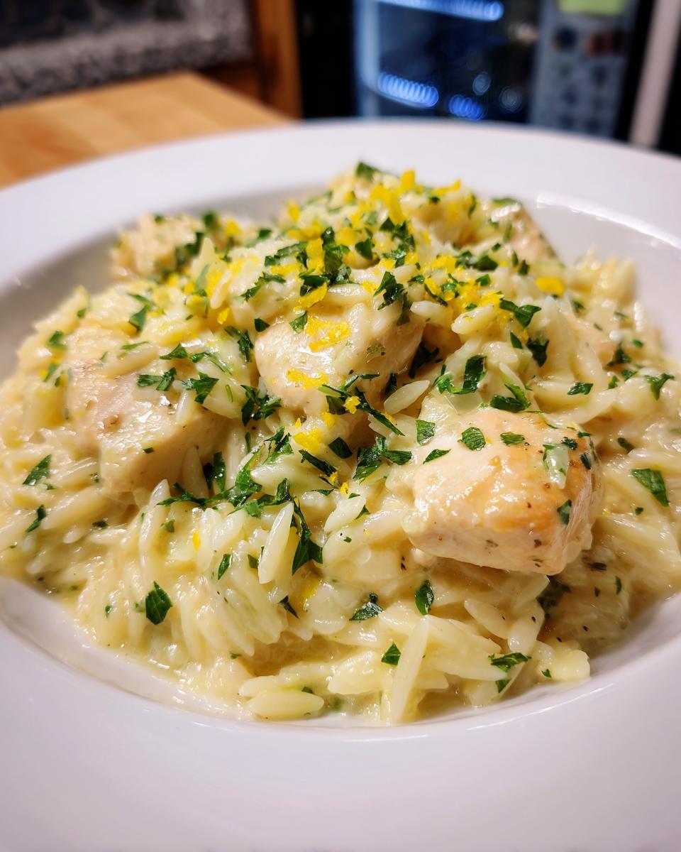 Close-up of a creamy chicken and orzo pasta dish garnished with parsley and lemon zest.