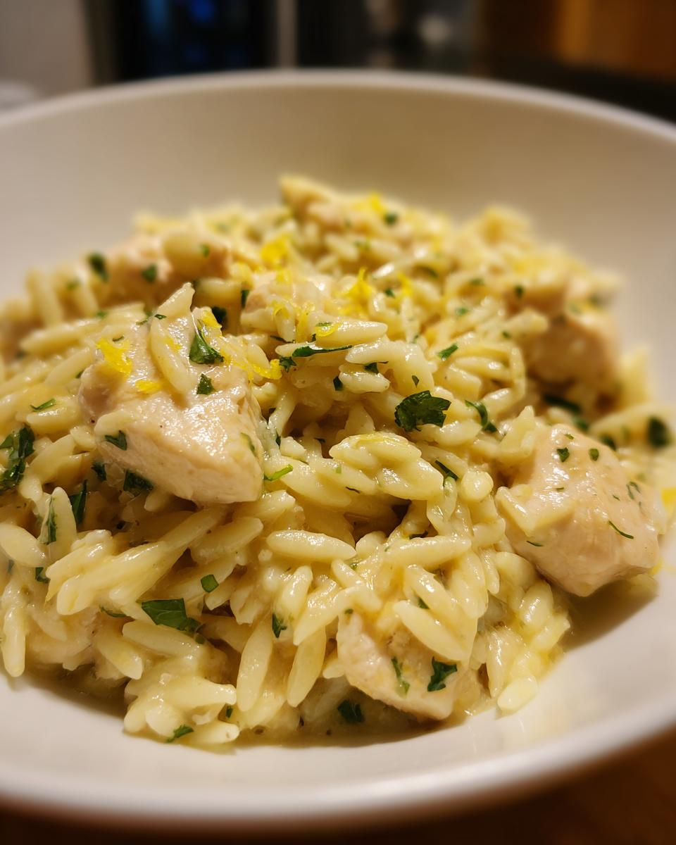 Close-up of creamy chicken and orzo pasta garnished with parsley and lemon zest in a white bowl.