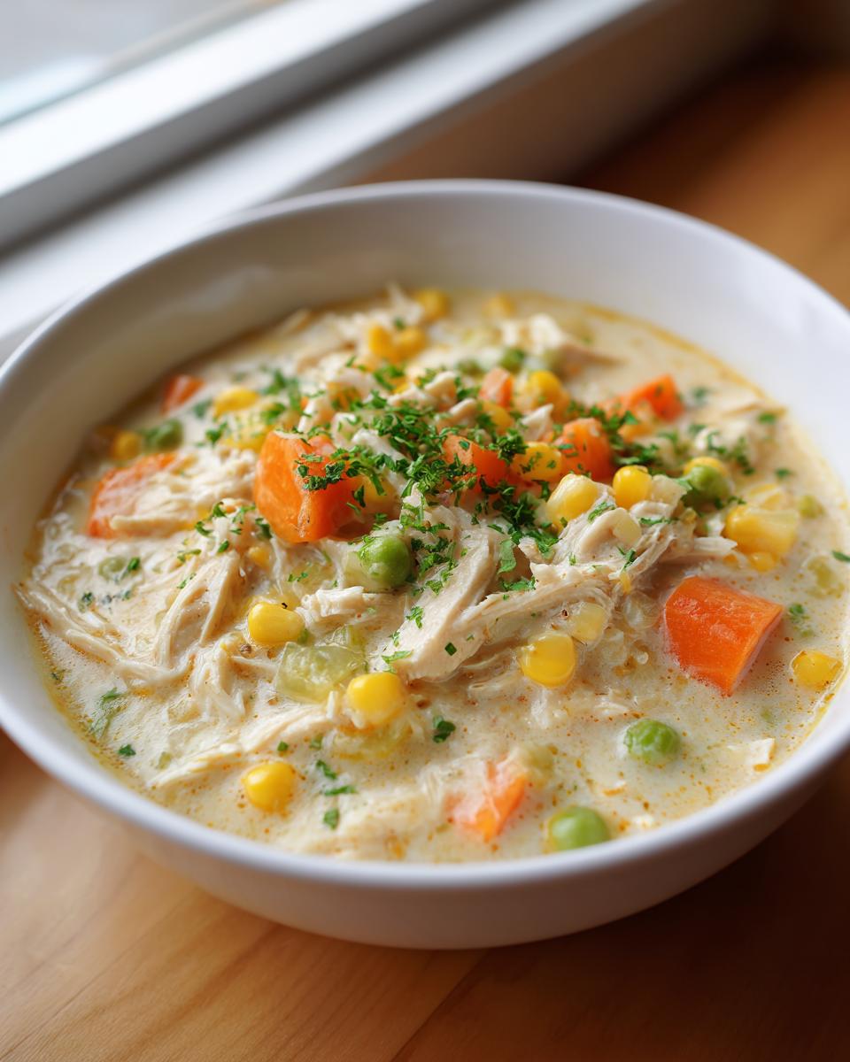 Close-up of creamy chicken pot pie soup filled with shredded chicken, carrots, peas, and corn, garnished with parsley.