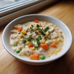 A close-up of creamy chicken pot pie soup filled with shredded chicken, carrots, corn, and peas, garnished with parsley.