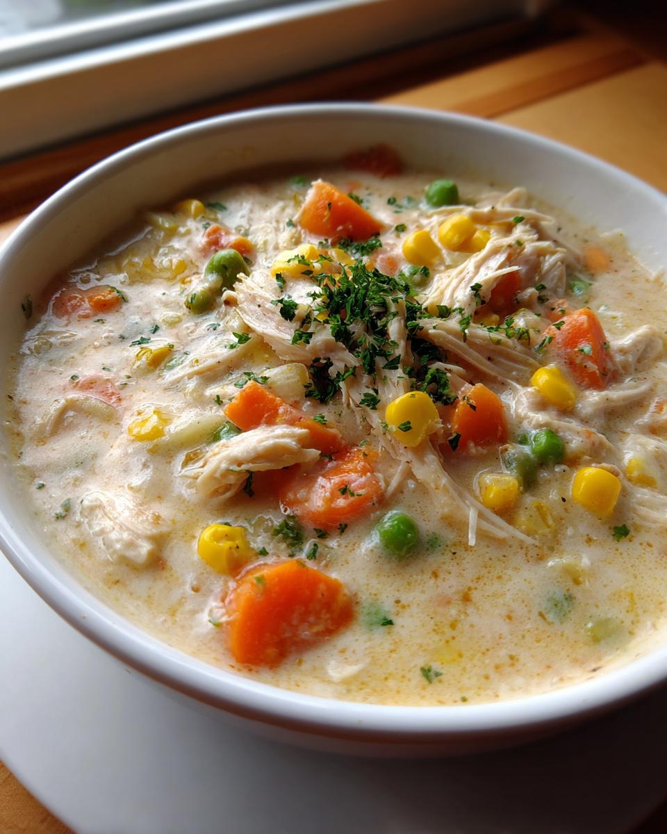 A close-up of creamy chicken pot pie soup filled with shredded chicken, carrots, peas, and corn, garnished with parsley.