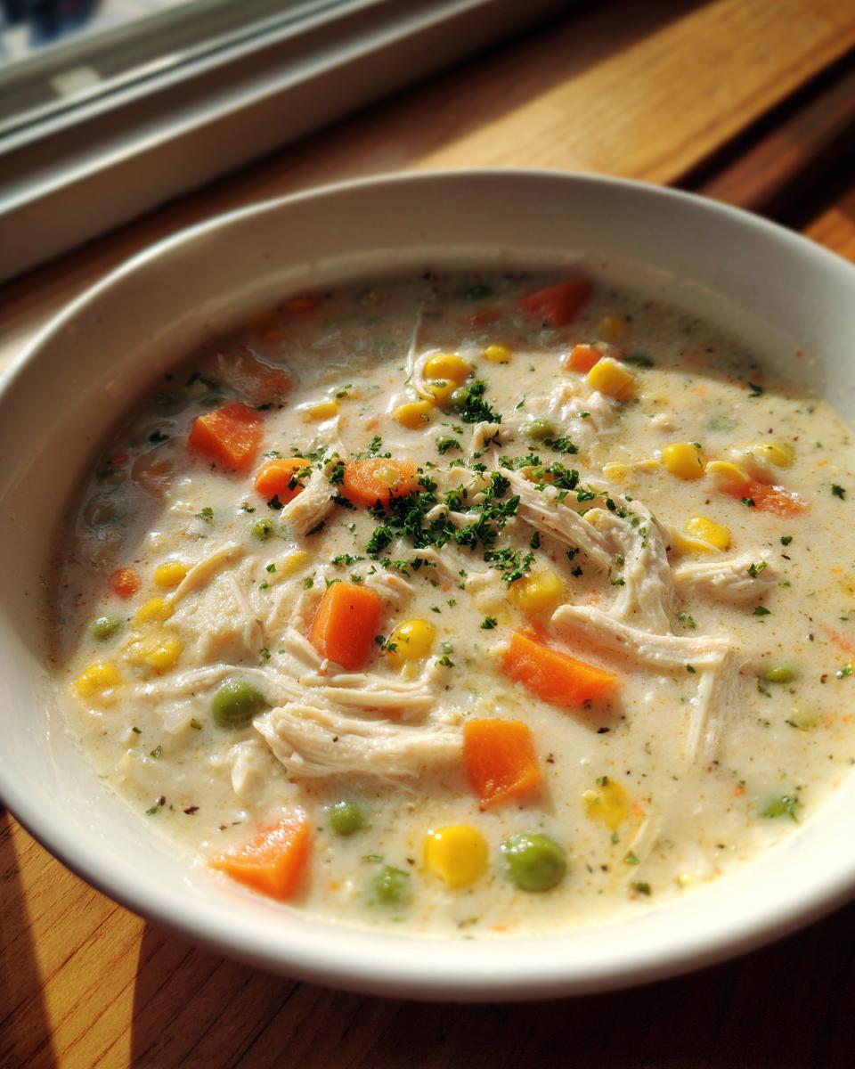 Close-up of creamy chicken pot pie soup with shredded chicken, carrots, peas, and corn, garnished with parsley.