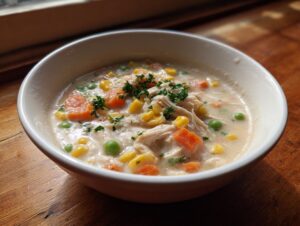 A close-up of a bowl of creamy chicken pot pie soup, featuring shredded chicken, carrots, peas, and corn, garnished with parsley.