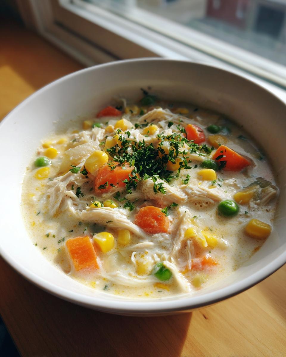 A bowl of creamy chicken pot pie soup featuring shredded chicken, carrots, peas, and corn, topped with fresh parsley.