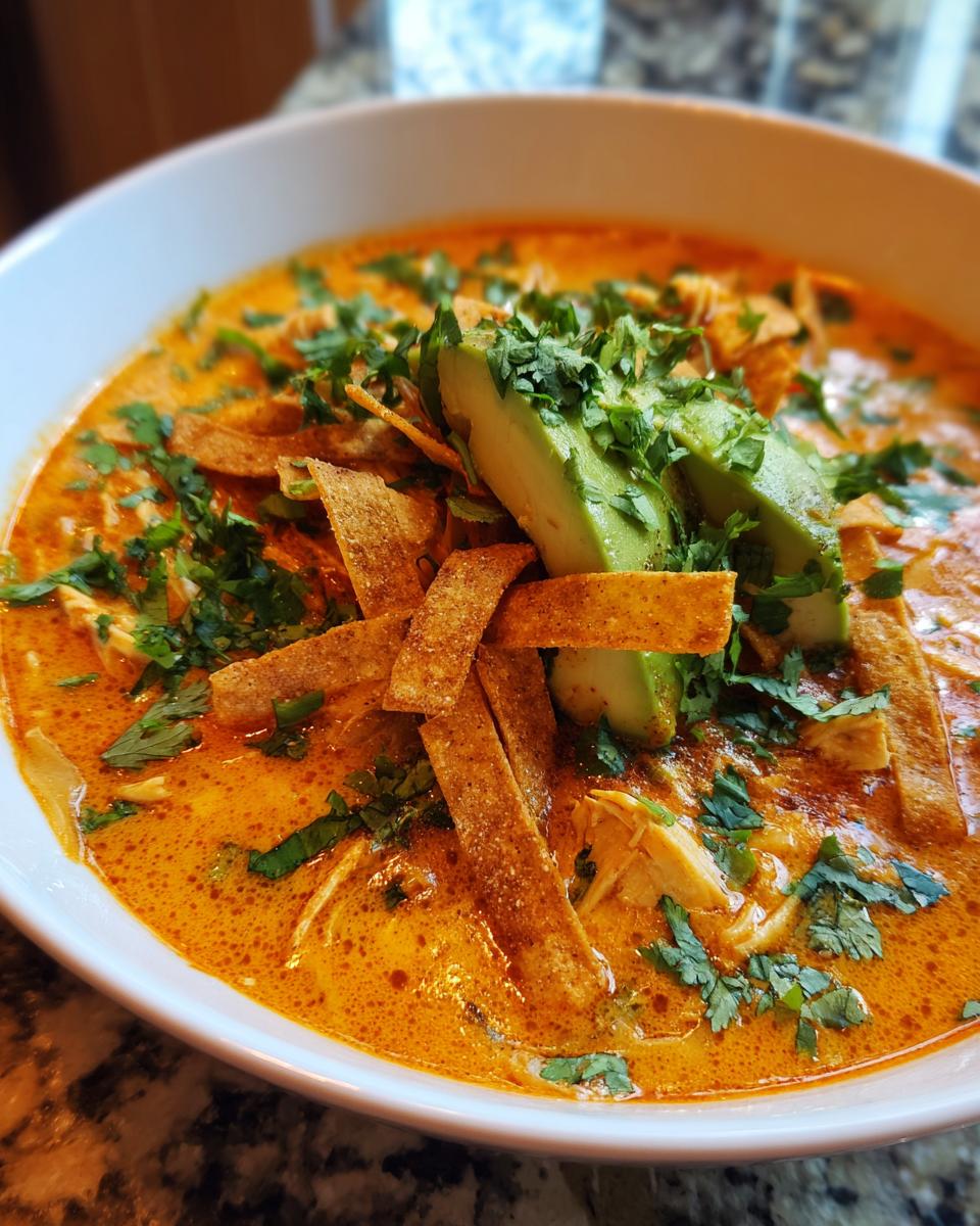 Close-up of a creamy, orange-hued chicken tortilla soup garnished with avocado slices, tortilla strips, and cilantro.