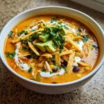 Close-up of a bowl of creamy chicken tortilla soup topped with avocado, sour cream, and tortilla strips.