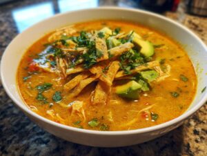Close-up of a bowl of creamy chicken tortilla soup topped with avocado, tortilla strips, and cilantro.