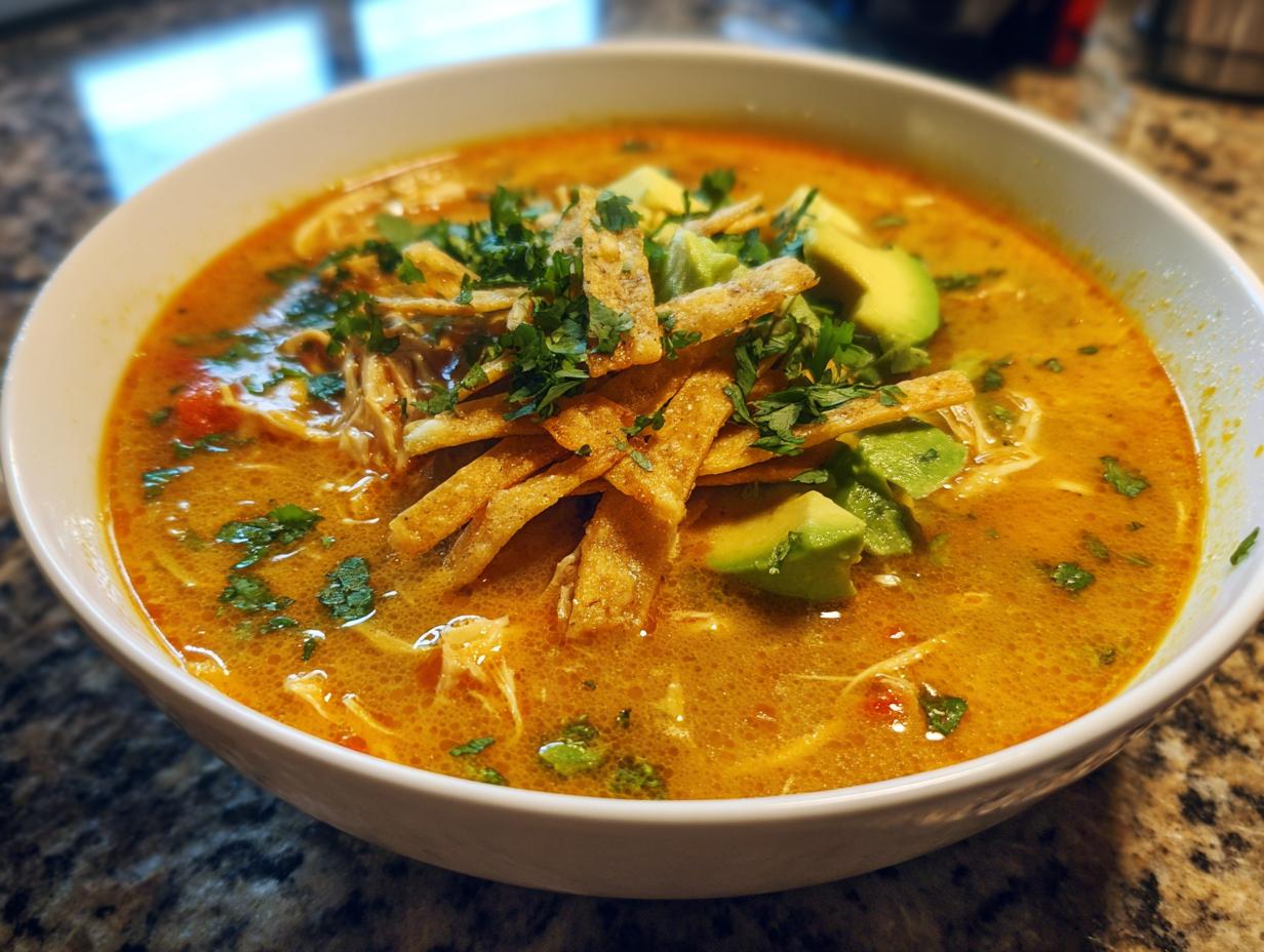 Close-up of a bowl of creamy chicken tortilla soup topped with avocado, tortilla strips, and cilantro.