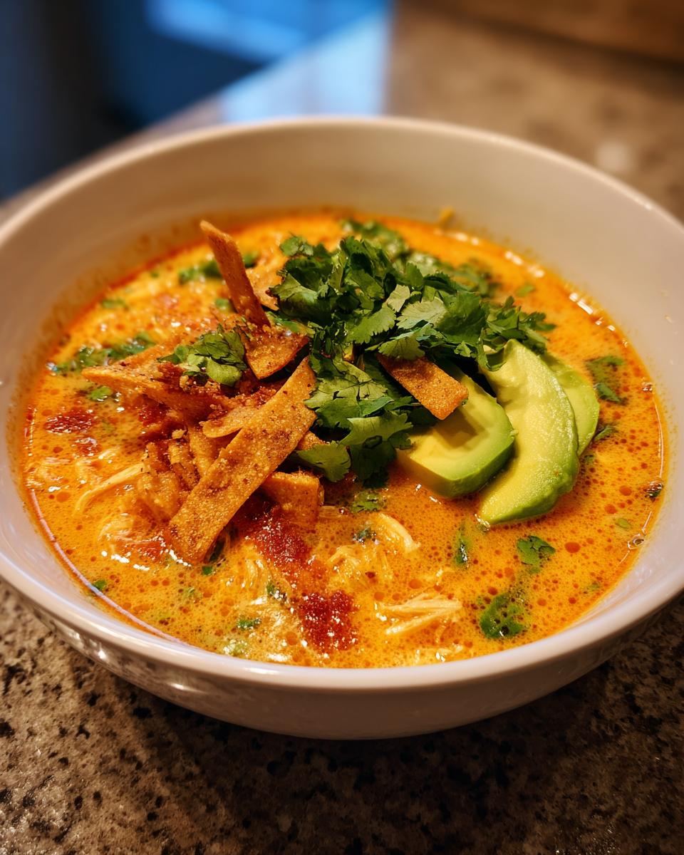 A close-up of a bowl of creamy chicken tortilla soup topped with avocado slices, cilantro, and tortilla strips.