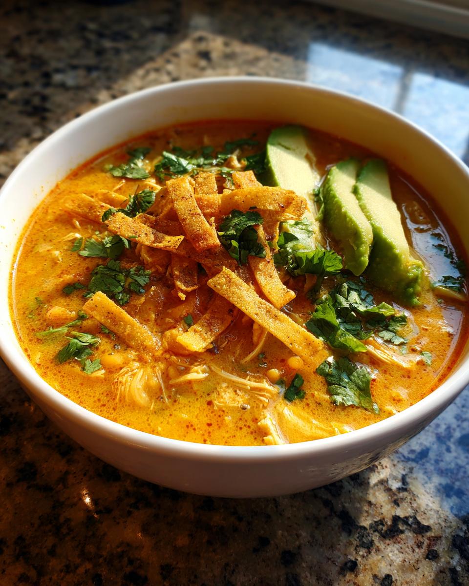 A close-up of a bowl of creamy chicken tortilla soup topped with crispy tortilla strips, fresh cilantro, and avocado slices.