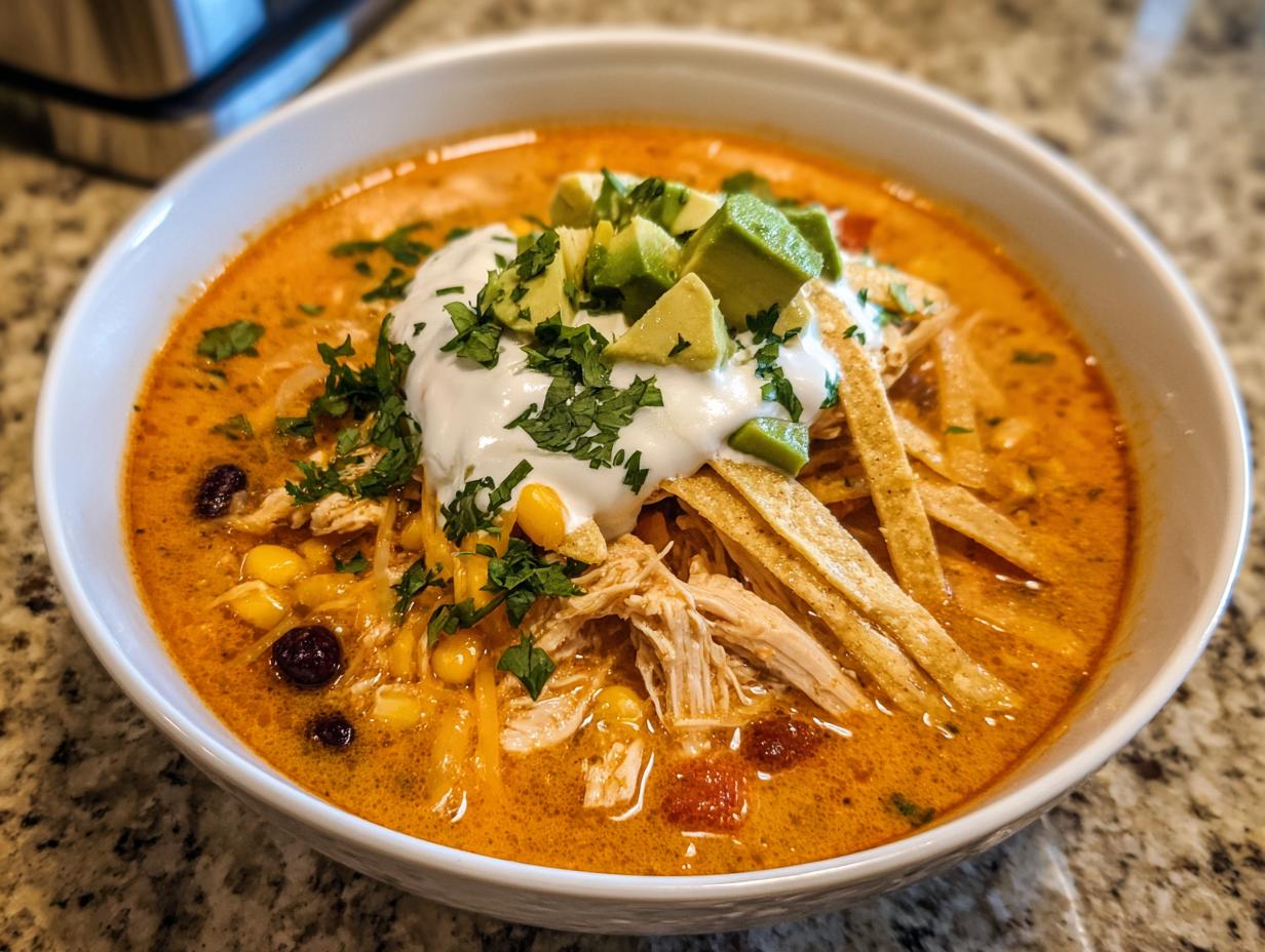 A close-up of a bowl of creamy chicken tortilla soup topped with sour cream, avocado, and tortilla strips.