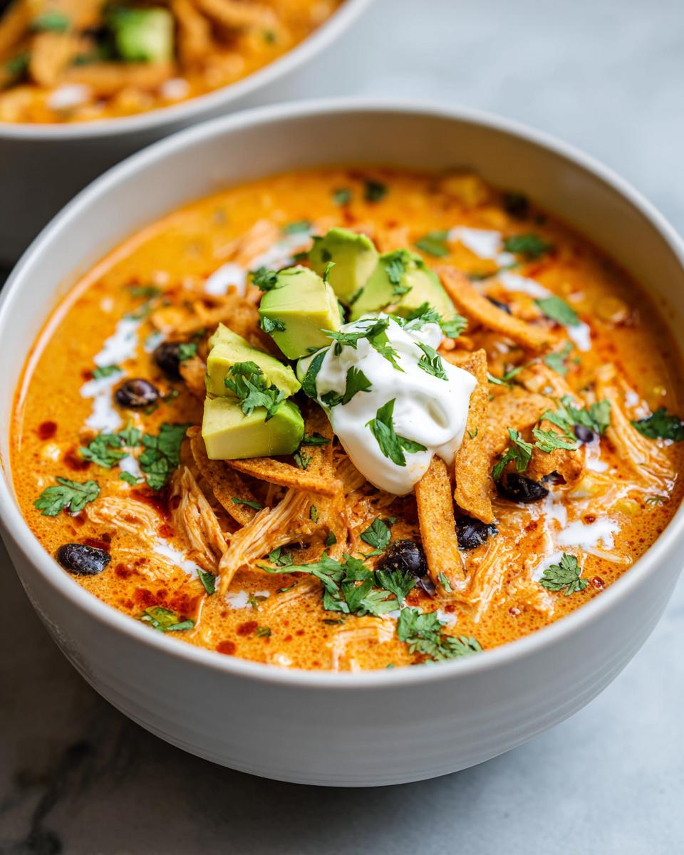 Close-up of a bowl of creamy chicken tortilla soup topped with avocado, sour cream, and cilantro.
