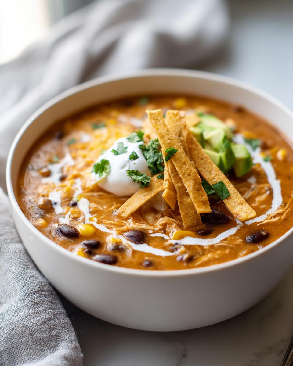 A close-up of a white bowl filled with creamy chicken tortilla soup, topped with sour cream, avocado, and tortilla strips.