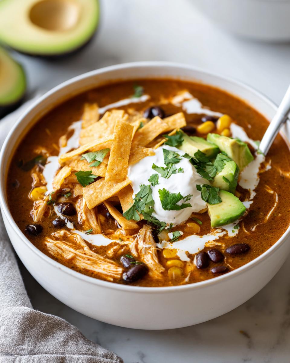A close-up of a bowl of creamy chicken tortilla soup topped with sour cream, avocado, and tortilla strips.