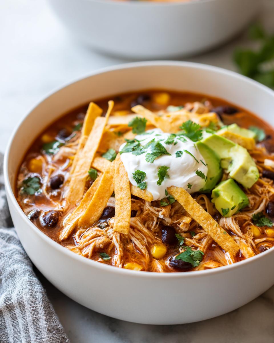 Close-up of a bowl of creamy chicken tortilla soup topped with sour cream, avocado, and tortilla strips.