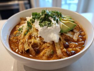 A close-up of a bowl of creamy chicken tortilla soup topped with sour cream, avocado, cheese, and cilantro.