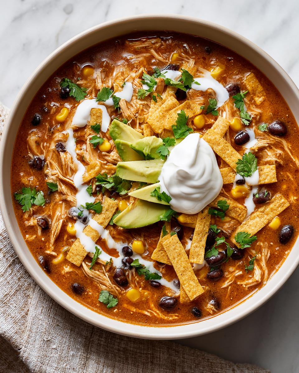 A close-up overhead shot of a bowl of creamy chicken tortilla soup topped with sour cream, avocado, and tortilla strips.