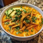 Close-up of a bowl of creamy chicken tortilla soup topped with crispy tortilla strips, avocado slices, and cilantro.
