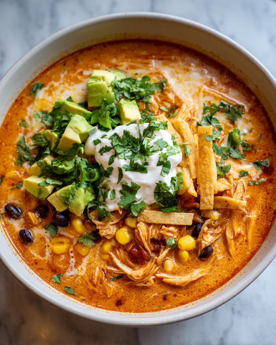 Overhead view of a bowl of creamy chicken tortilla soup, topped with avocado, sour cream, and tortilla strips.