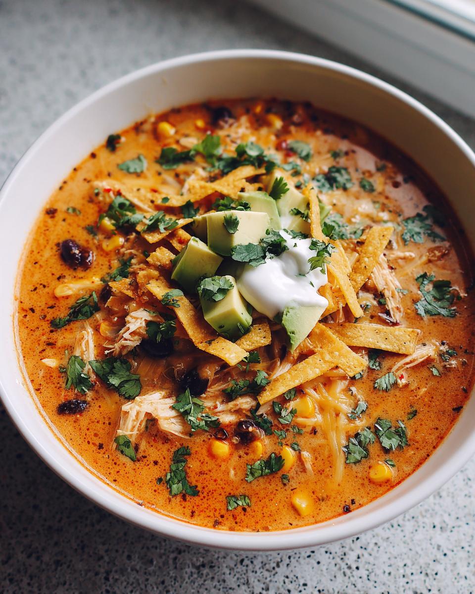 Close-up of a bowl of creamy chicken tortilla soup garnished with avocado, sour cream, and tortilla strips.