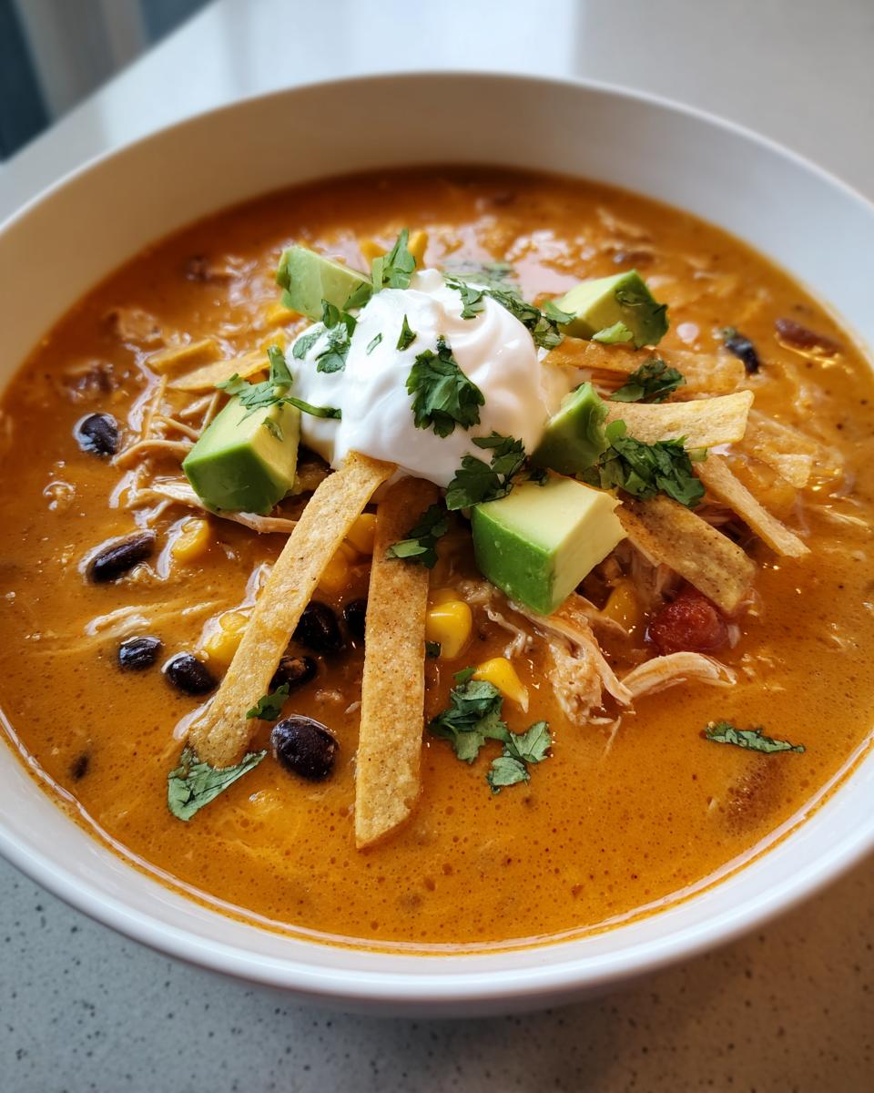Close-up of a rich, creamy chicken tortilla soup topped with sour cream, avocado, and crispy tortilla strips.
