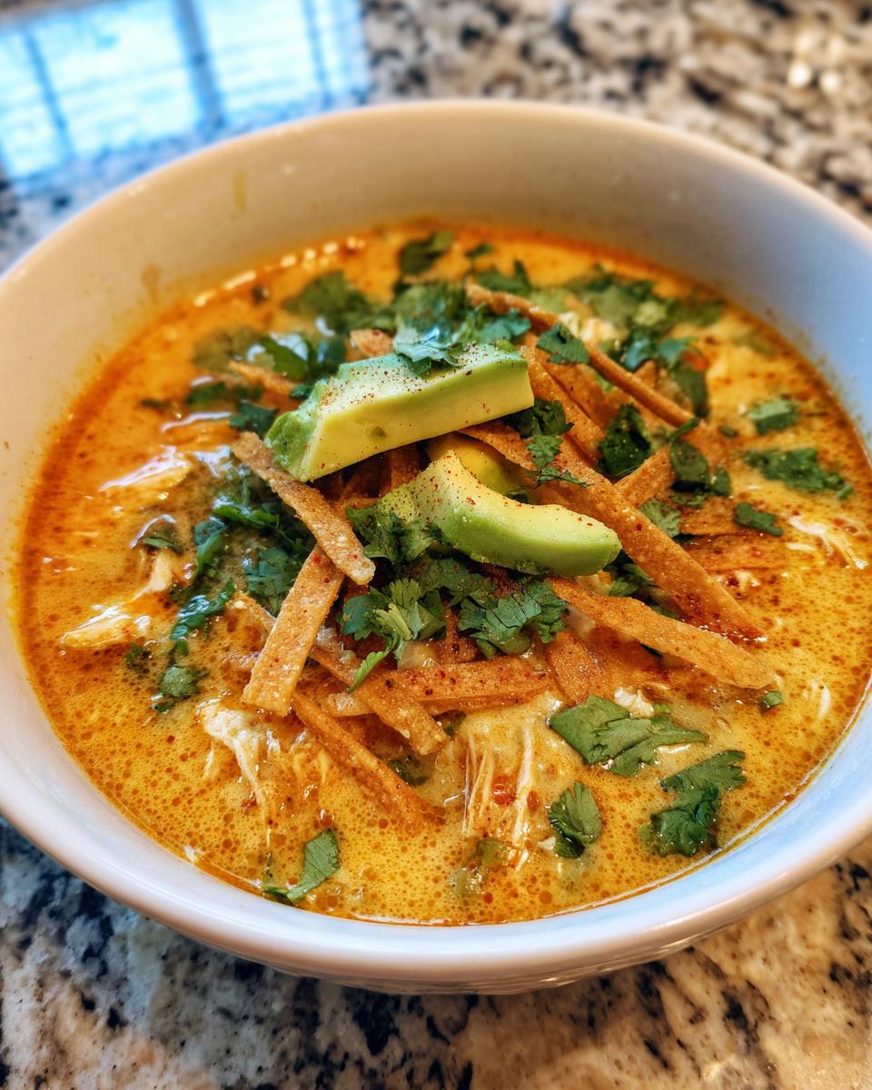 Close-up of a bowl of creamy chicken tortilla soup topped with avocado slices, cilantro, and tortilla strips.