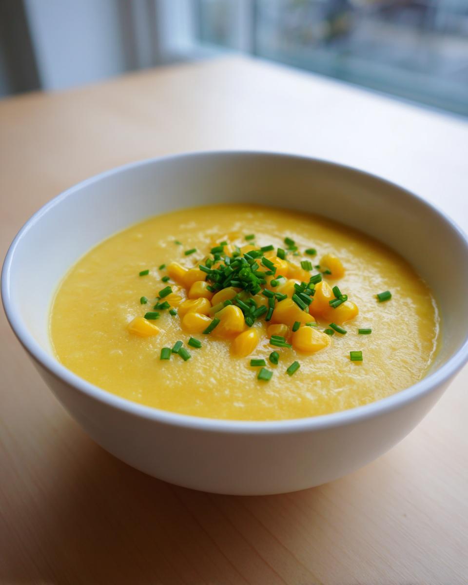 A close-up of a white bowl filled with creamy yellow corn soup, topped with whole corn kernels and fresh chopped chives.