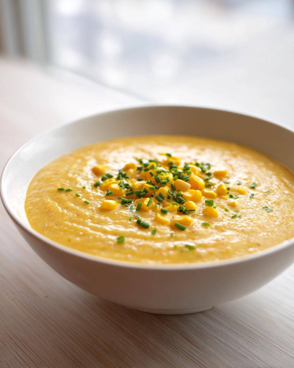A close-up of a bowl of creamy yellow corn soup garnished with whole corn kernels and fresh chopped chives.
