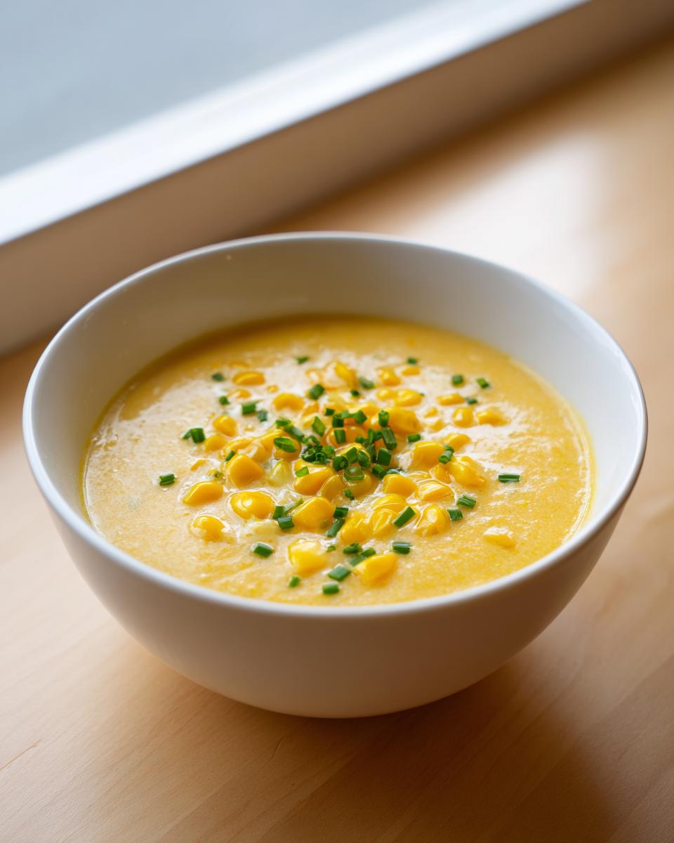 A white bowl filled with creamy yellow corn soup, topped with whole corn kernels and chopped chives.