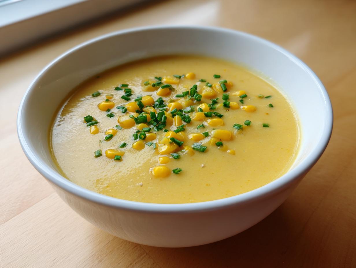 Close-up of a white bowl filled with creamy yellow corn soup, garnished with whole corn kernels and chopped chives.