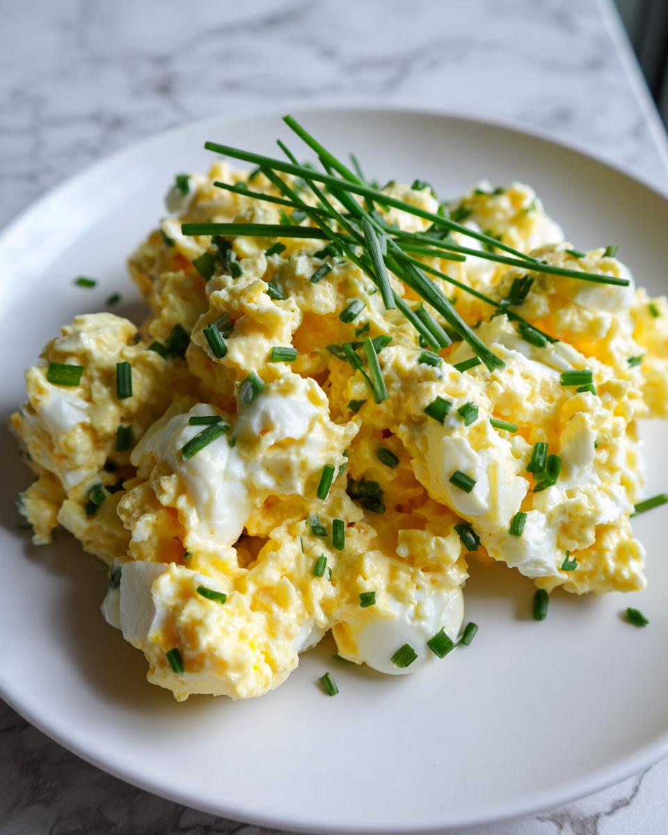A close-up of creamy deviled egg potato salad mixed with chopped eggs and garnished heavily with fresh green chives.