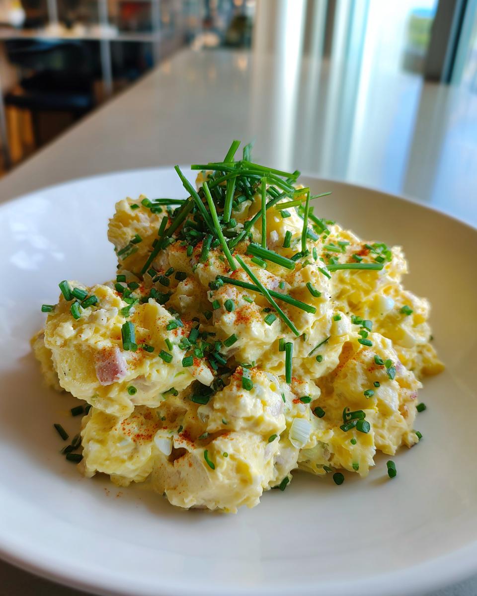 A mound of creamy deviled egg potato salad, topped generously with fresh green chives and paprika.