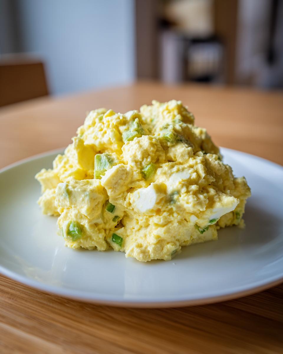 A generous scoop of creamy, yellow egg salad mixed with chopped green celery served on a white plate.