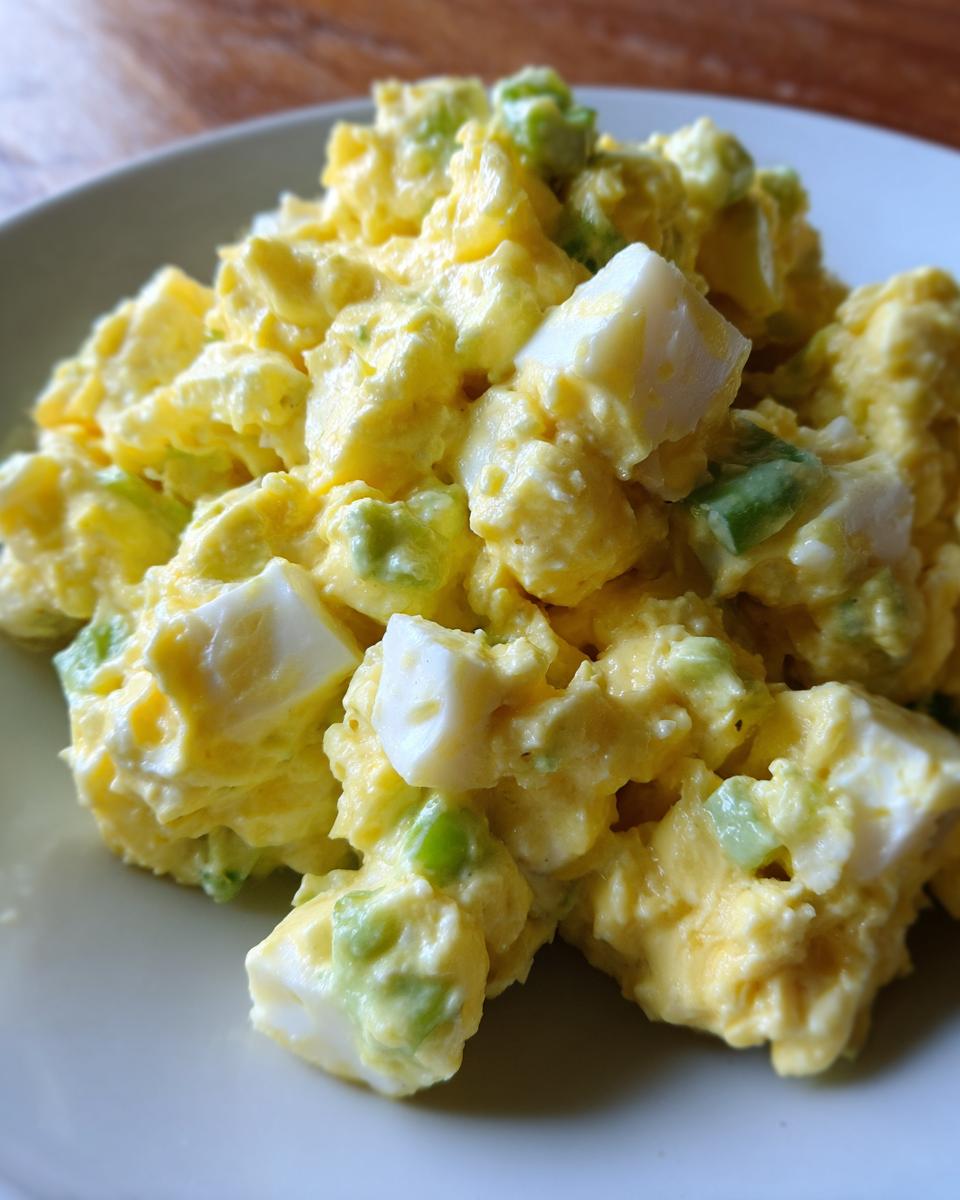 Close-up shot of creamy, yellow egg salad featuring chunks of white egg and green celery pieces.