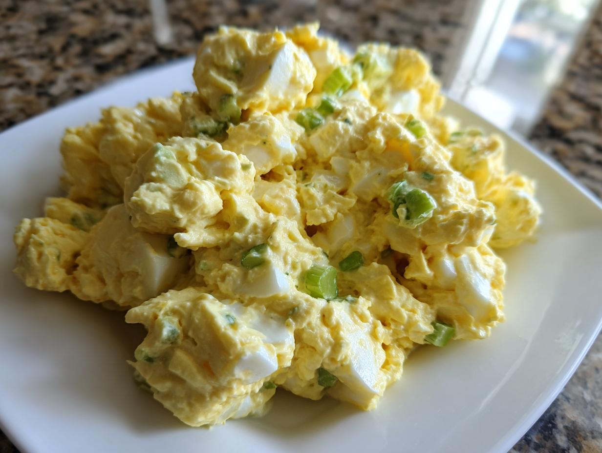 A close-up of creamy, yellow egg salad mixed with chopped celery, served on a white square plate.