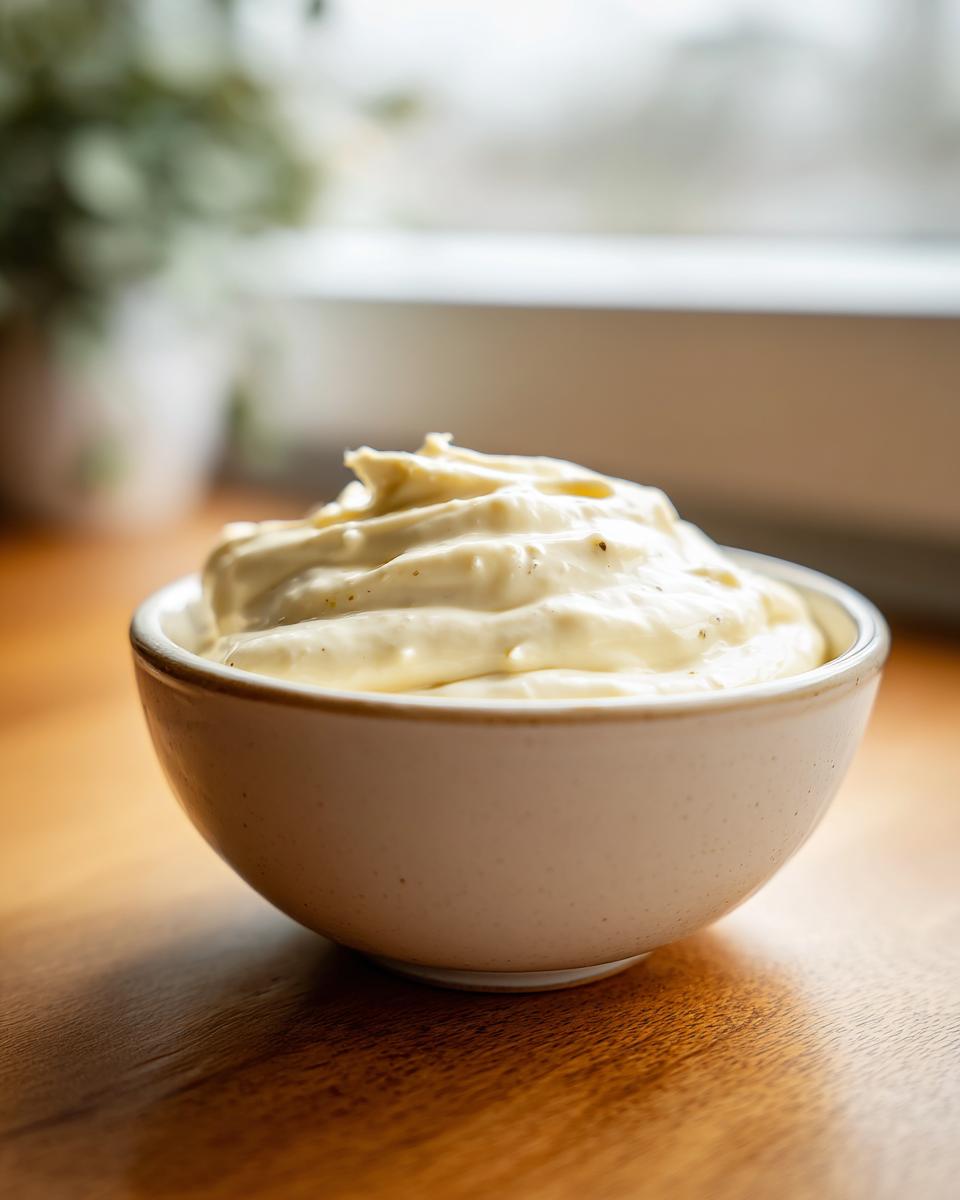 A small bowl filled with thick, creamy homemade garlic aioli recipe, sitting on a wooden table.