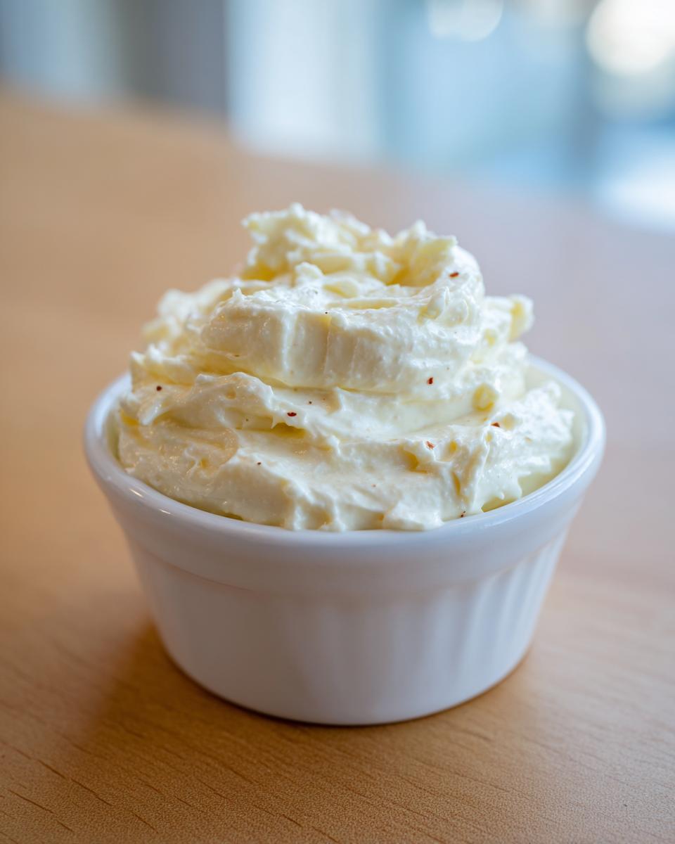 A close-up of thick, creamy homemade garlic aioli recipe swirled high in a small white ramekin on a wooden surface.