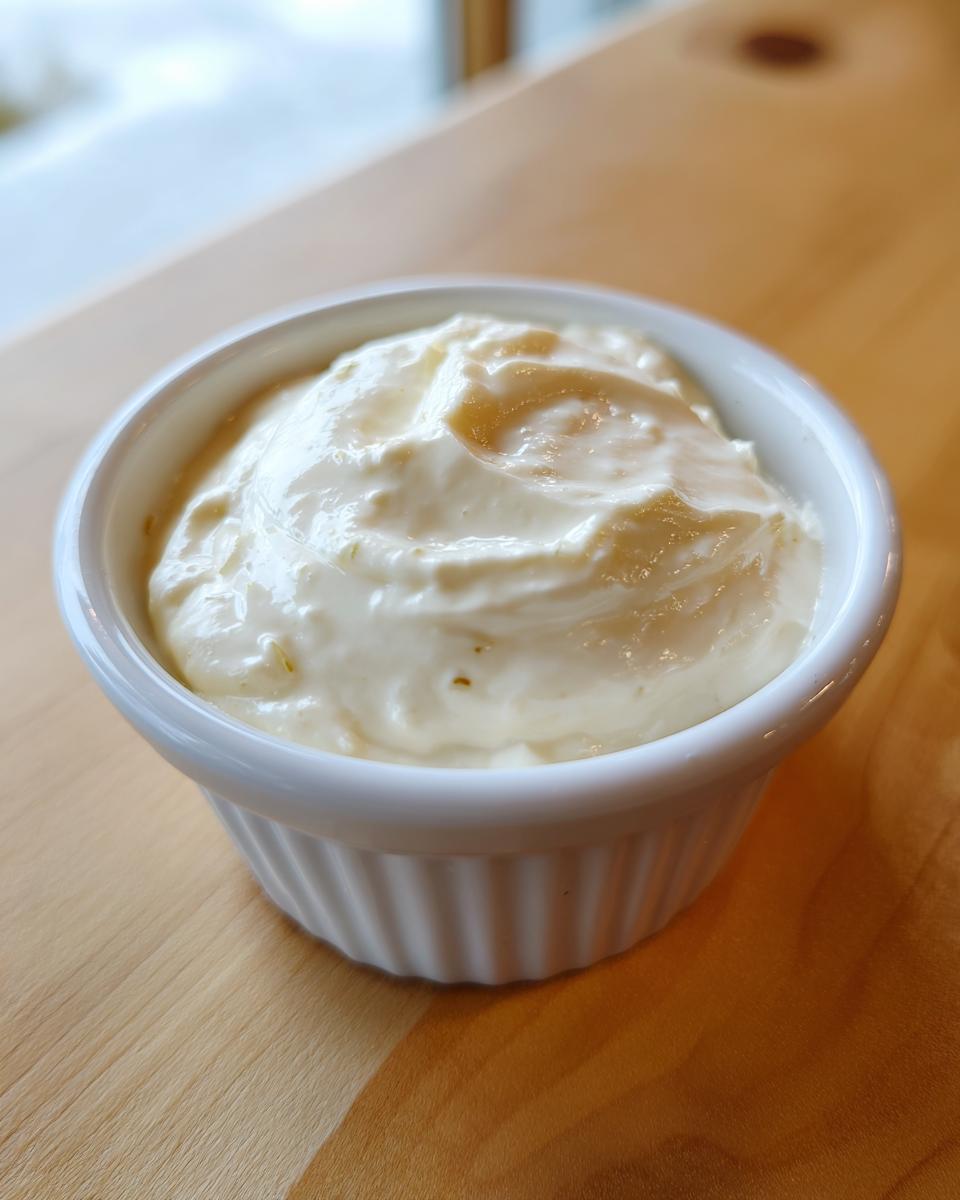 A close-up of thick, creamy homemade garlic aioli recipe served in a small white fluted ramekin on a wooden surface.