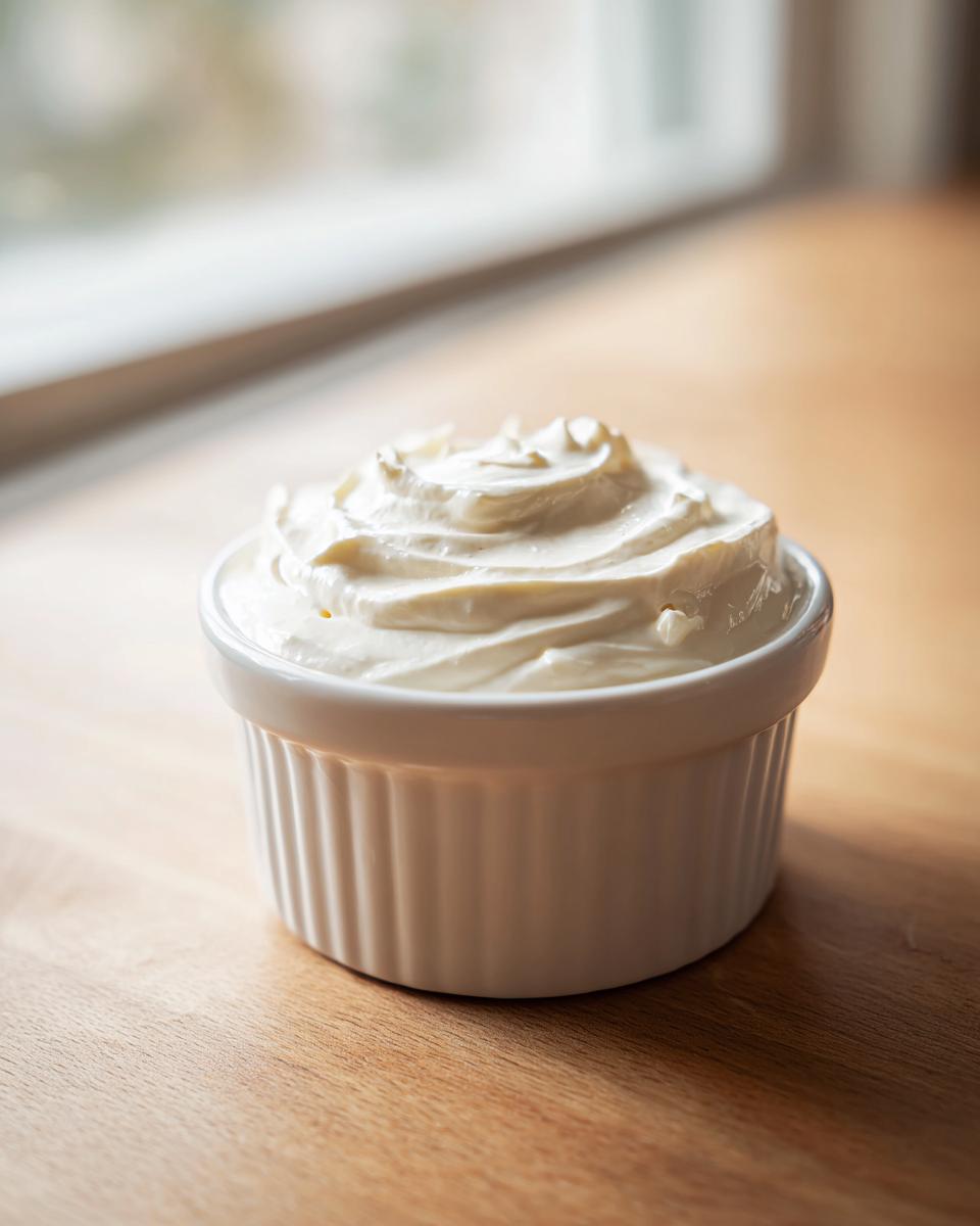 A small white ramekin filled with thick, creamy homemade garlic aioli recipe, sitting on a wooden surface.