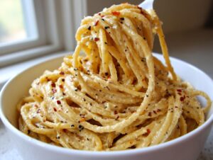 A fork lifts strands of creamy garlic parmesan pasta coated in sauce and sprinkled with pepper flakes from a white bowl.